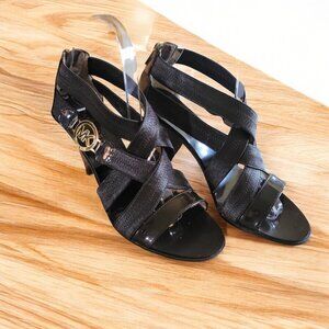 Michael Kors Karina Cross-Strap  Sandal Cone Heel Brown W Gold  Logo -8M